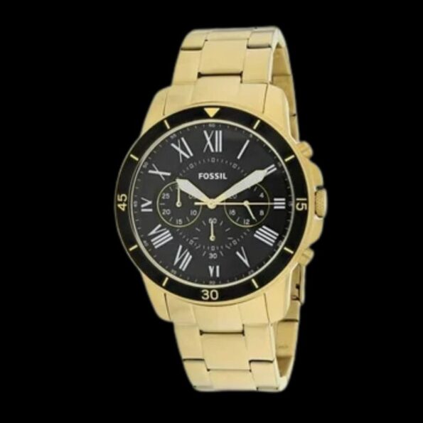 Fossil Grant - Montre Fossil Homme Chronographe Acier Doré Cadran Noir Bracelet à Maillons Doré