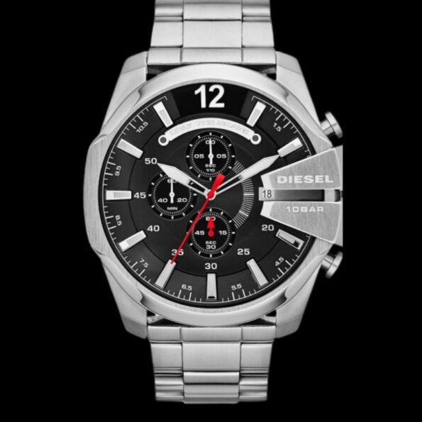 Diesel Mega Chief GMT - Montre Diezel Homme Chronographe Acier Argent Cadran Noir