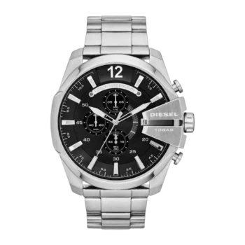 Diesel Mega Chief GMT - Montre Diezel Homme Chronographe Acier Argent Cadran Noir