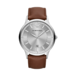 Emporio Armani Renato classique – Montre Emporio Armani Homme Cadran argent, bracelet cuir marron, boîtier acier 43 mm, quartz