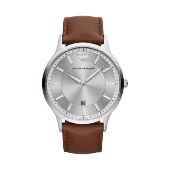 Emporio Armani Renato classique – Montre Emporio Armani Homme Cadran argent, bracelet cuir marron, boîtier acier 43 mm, quartz
