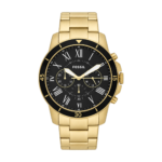 Fossil Grant - Montre Fossil Homme Chronographe Acier Doré Cadran Noir Bracelet à Maillons Doré