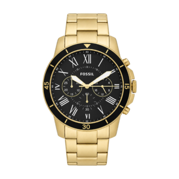 Fossil Grant - Montre Fossil Homme Chronographe Acier Doré Cadran Noir Bracelet à Maillons Doré