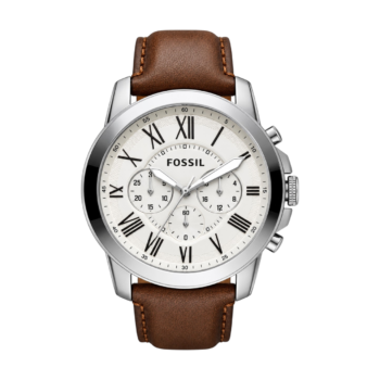 Fossil Grant Classique - Montre Homme Chronographe Cuir Marron Cadran Blanc
