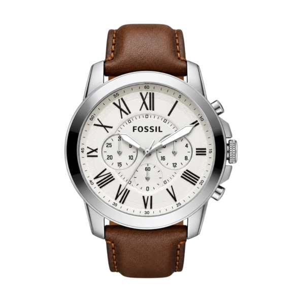 Fossil Grant Classique - Montre Homme Chronographe Cuir Marron Cadran Blanc